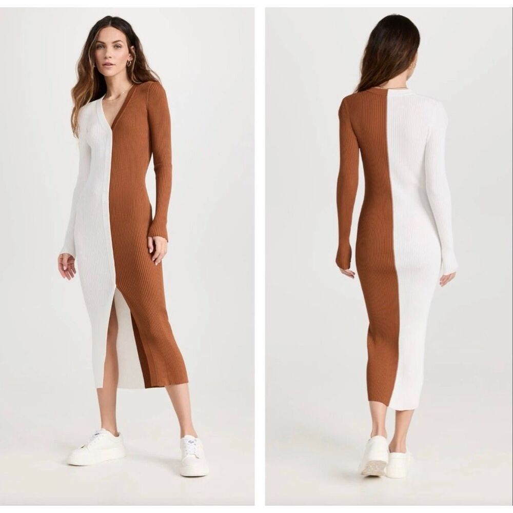 Staud Shoko Dress Two Tone Rib Knit Color Block XS White Brown Bodycon Midi